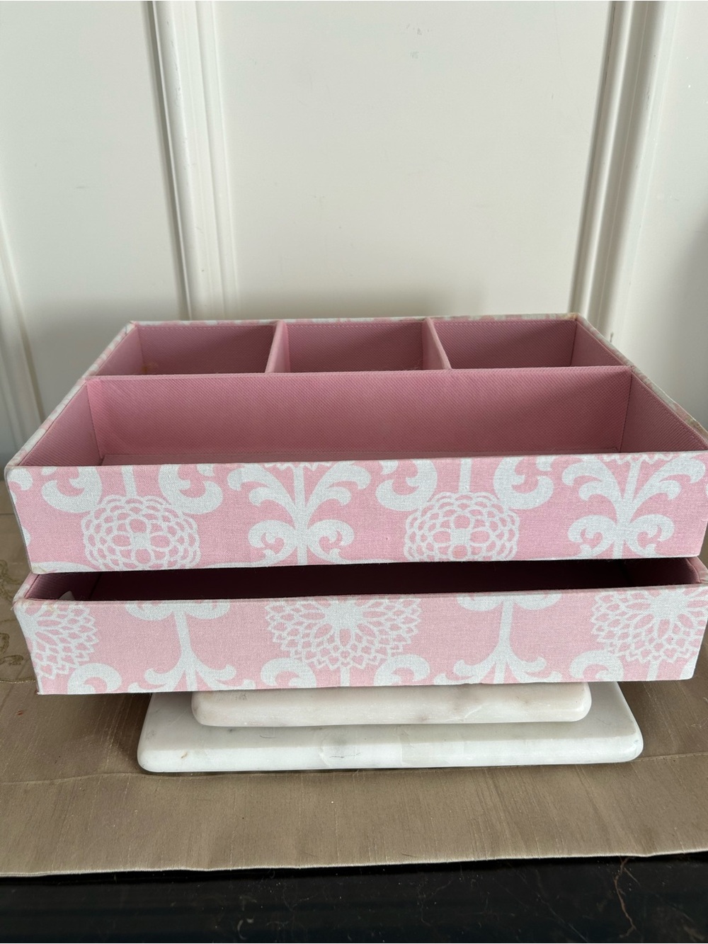 Vintage cotton damask storage trays